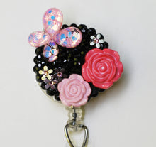 Load image into Gallery viewer, Pink Butterfly and Pink Roses Retractable ID Badge Reel