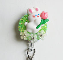 Load image into Gallery viewer, White Bunny With Tulip Retractable ID Badge Reel