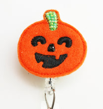 Load image into Gallery viewer, Halloween Feltie Pumpkin Retractable ID Badge Reel