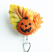 Load image into Gallery viewer, Autumn Glittery Pumpkin Retractable ID Badge Reel