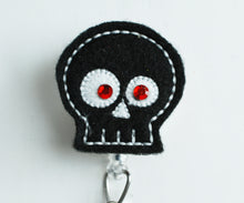 Load image into Gallery viewer, Halloween Black Feltie Skulll Retractable ID Badge Reel