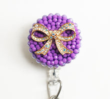 Load image into Gallery viewer, Rhinestone Bow On Purple Retractable ID Badge Reel