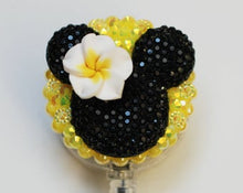 Load image into Gallery viewer, Aloha Minnie Mouse On Yellow Retractable ID Badge Reel