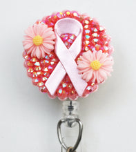 Load image into Gallery viewer, Breast Cancer Shiny Pink Ribbon Retractable ID Badge Reel