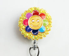 Load image into Gallery viewer, Smiley Face Rainbow Daisy Retractable ID Badge Reel