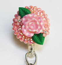 Load image into Gallery viewer, Pink Polka Dot Rose Retractable ID Badge Reel