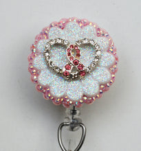 Load image into Gallery viewer, Breast Cancer Rhinestone Ribbon Retractable ID Badge Reel