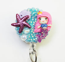 Load image into Gallery viewer, Pink Haired Mermaid Retractable ID Badge Reel