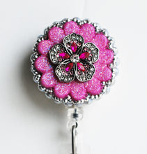 Load image into Gallery viewer, Silver Floral Bloom Retractable ID Badge Reel