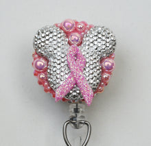 Load image into Gallery viewer, Glittery Pink Breast Cancer Ribbon And Mickey Retractable ID Badge Reel