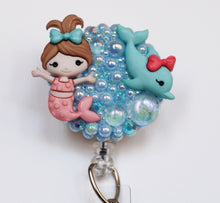 Load image into Gallery viewer, Brown Hair Mermaid And Her Dolphin Retractable ID Badge Reel