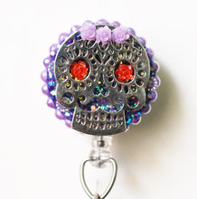Load image into Gallery viewer, Silvertone Sugar Skull Retractable ID Badge Reel