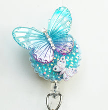 Load image into Gallery viewer, Blue And Purple Iridescent Butterfly Retractable ID Badge Reel