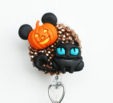Load image into Gallery viewer, Halloween Blue-Eyed Black Cat And Mickey Mouse Pumpkin Retractable ID Badge Reel