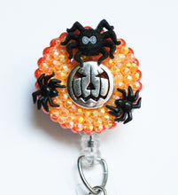 Load image into Gallery viewer, Halloween Silver Pumpkin And Creepy Spiders Retractable ID Badge Reel