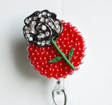 Load image into Gallery viewer, Black Rhinestone Rose Retractable ID Badge Reel