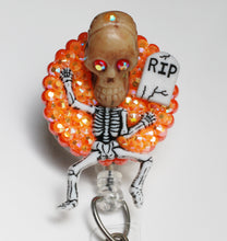 Load image into Gallery viewer, Halloween Big Skull Head On Orange Retractable ID Badge Reel.