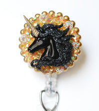 Load image into Gallery viewer, Black Sparkly Unicorn Retractable ID Badge Reel
