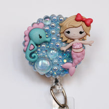 Load image into Gallery viewer, Blond Hair Mermaid And Her seahorse Retractable ID Badge Reel