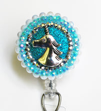 Load image into Gallery viewer, Silver Unicorn Profile Retractable ID Badge Reel