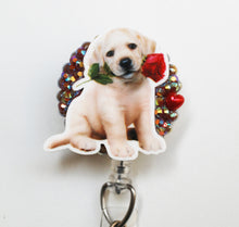 Load image into Gallery viewer, Adorable Puppy With Red Rose In Mouth Retractable ID Badge Reel