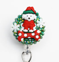 Load image into Gallery viewer, Winter Ready Fluffy White Dog Retractable ID Badge Reel