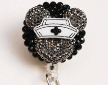 Load image into Gallery viewer, Nurse Minnie Mouse Shimmery Dark Silver Silhouette Retractable ID Badge Reel
