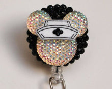 Load image into Gallery viewer, Nurse Minnie Mouse Yellowish Tint Iridescent Silhouette Retractable ID Badge Reel