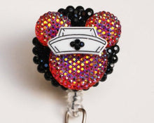 Load image into Gallery viewer, Nurse Minnie Mouse Shimmery Red Silhouette Retractable ID Badge Reel