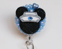 Load image into Gallery viewer, Nurse Minnie Mouse Shimmery Blue Silhouette Retractable ID Badge Reel