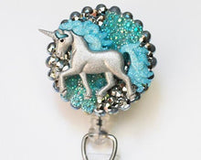 Load image into Gallery viewer, Prancing Silver Unicorn Retractable ID Badge Reel