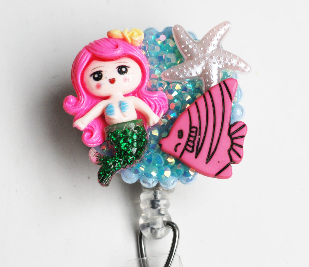 Mermaid With Pink Hair Retractable ID Badge Reel