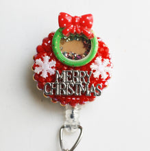 Load image into Gallery viewer, Merry Christmas Shaker Wreath Retractable ID Badge Reel
