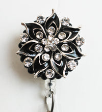 Load image into Gallery viewer, Bling Black Rhinestone Flower Retractable ID Badge Reel
