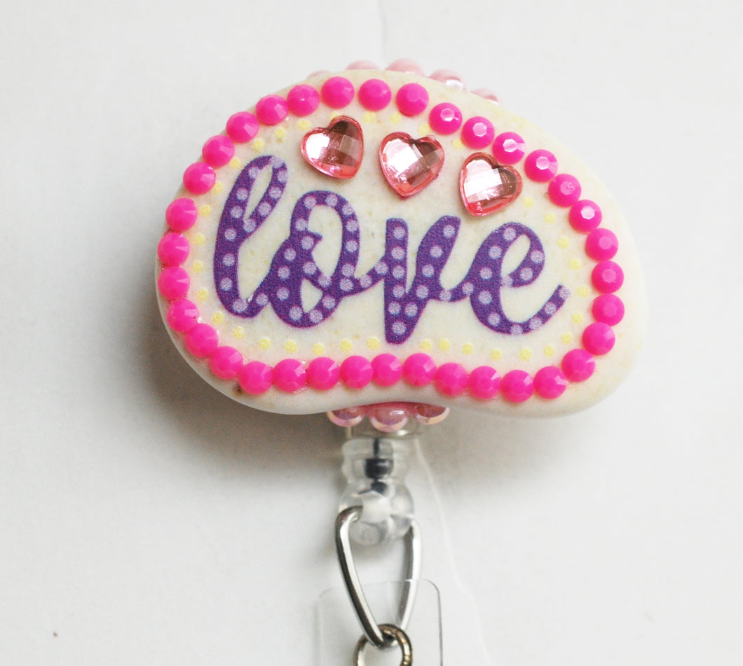 Love Painted Pebble Retractable ID Badge Reel