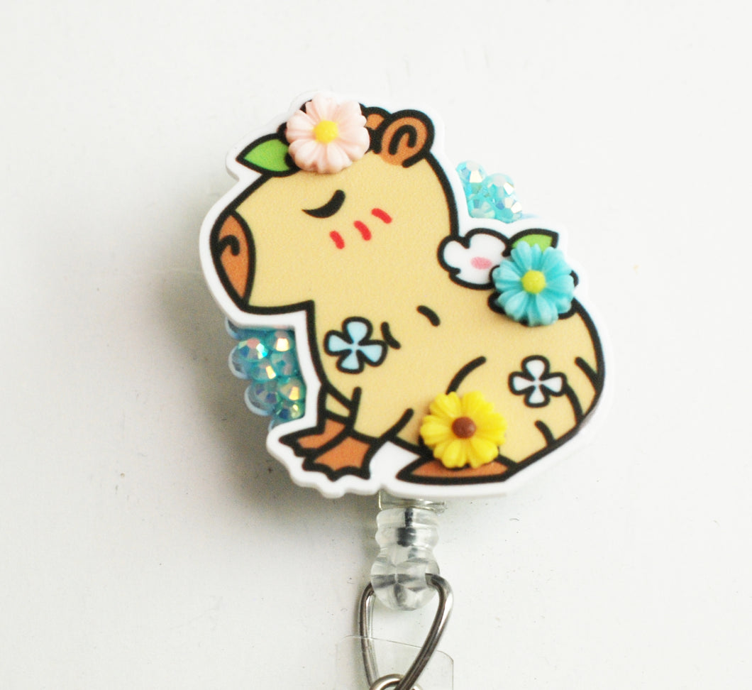 Capybara Loves Flowers Retractable ID Badge Reels