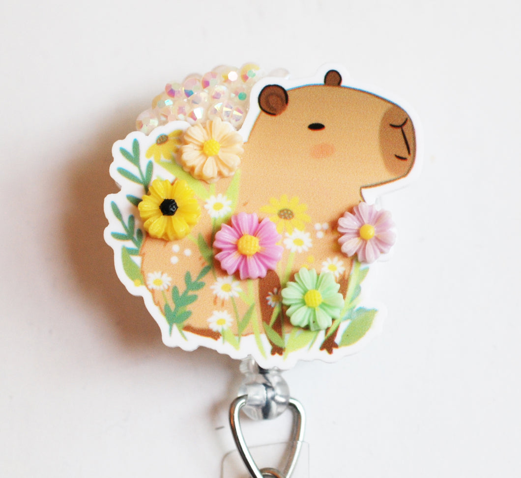 Capybara Loves Flowers Retractable ID Badge Reel