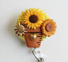 Load image into Gallery viewer, Pot Of Sunflowers Retractable ID Badge Reel
