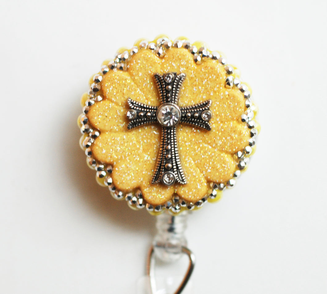 Marcasite Cross Retractable ID Badge Reel