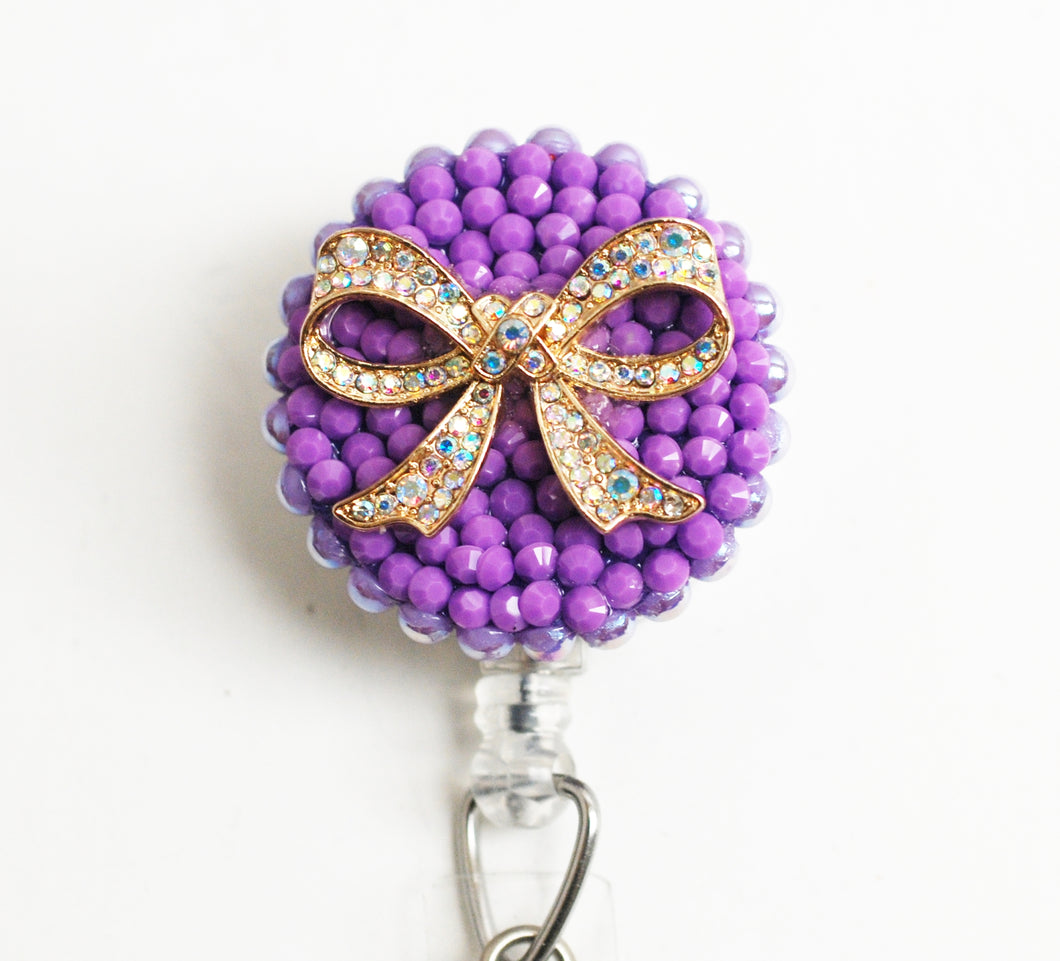 Rhinestone Bow On Purple Retractable ID Badge Reel