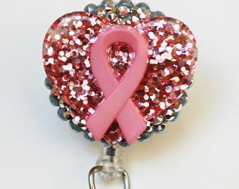 Pink Breast Cancer Ribbon Retractable ID Badge Reel