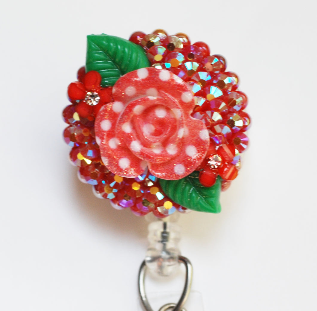 Polka Dot Rose Retractable ID Badge Reel