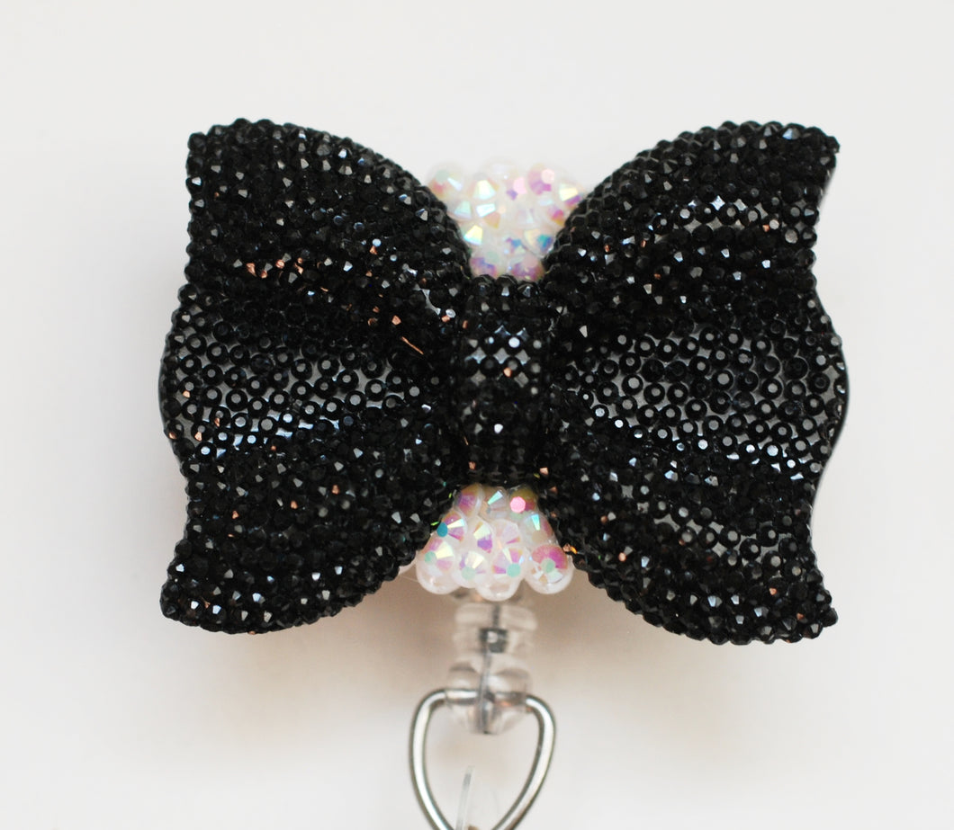 Shimmery Black Bow Retractable ID Badge Reel