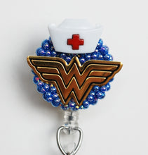 Load image into Gallery viewer, Wonder Woman Nurse On Blue Retractable ID Badge Reel
