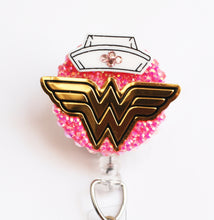 Load image into Gallery viewer, Wonder Woman Logo On Pink Retractable ID Badge Reel
