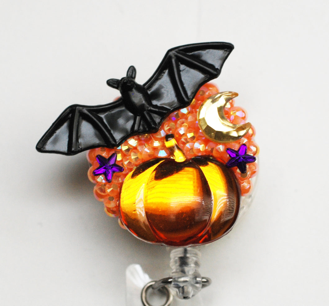 Halloween Black Bat And Crystal Pumpkin Retractable ID Badge Reel