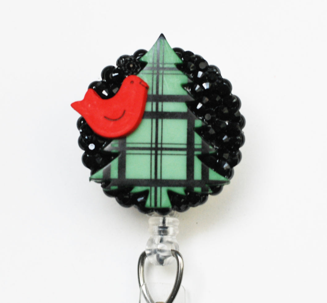 Green Plaid Christmas Tree Retractable ID Badge Reel