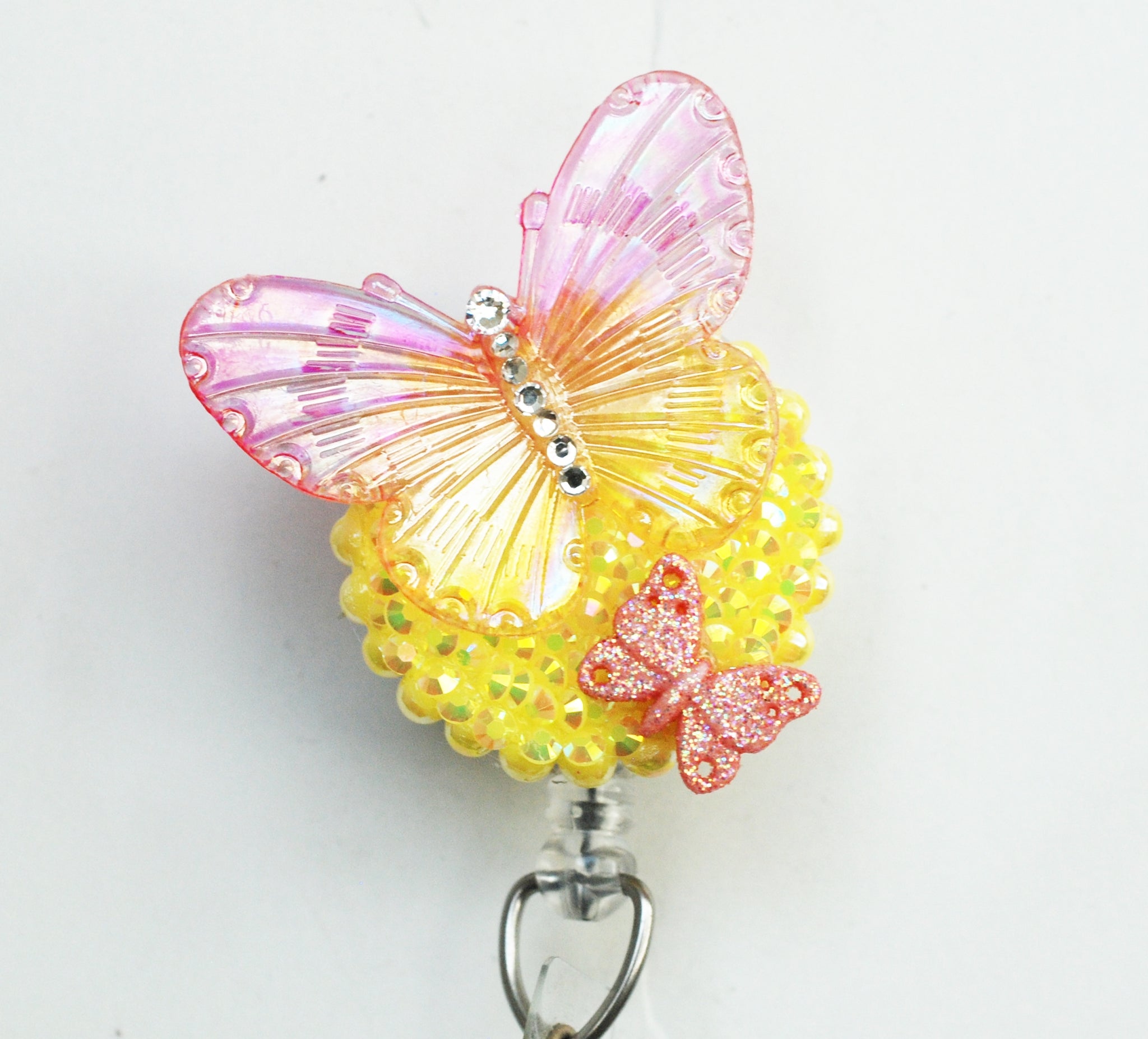 Pink And Yellow Iridescent Butterfly Retractable ID Badge Reel