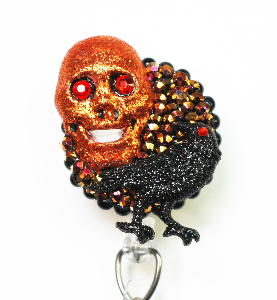 Halloween Glittery Skull And Raven Retractable ID Badge Reel