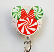 Load image into Gallery viewer, Minnie Mouse Christmas Candy Swirl Retractable ID Badge Reel
